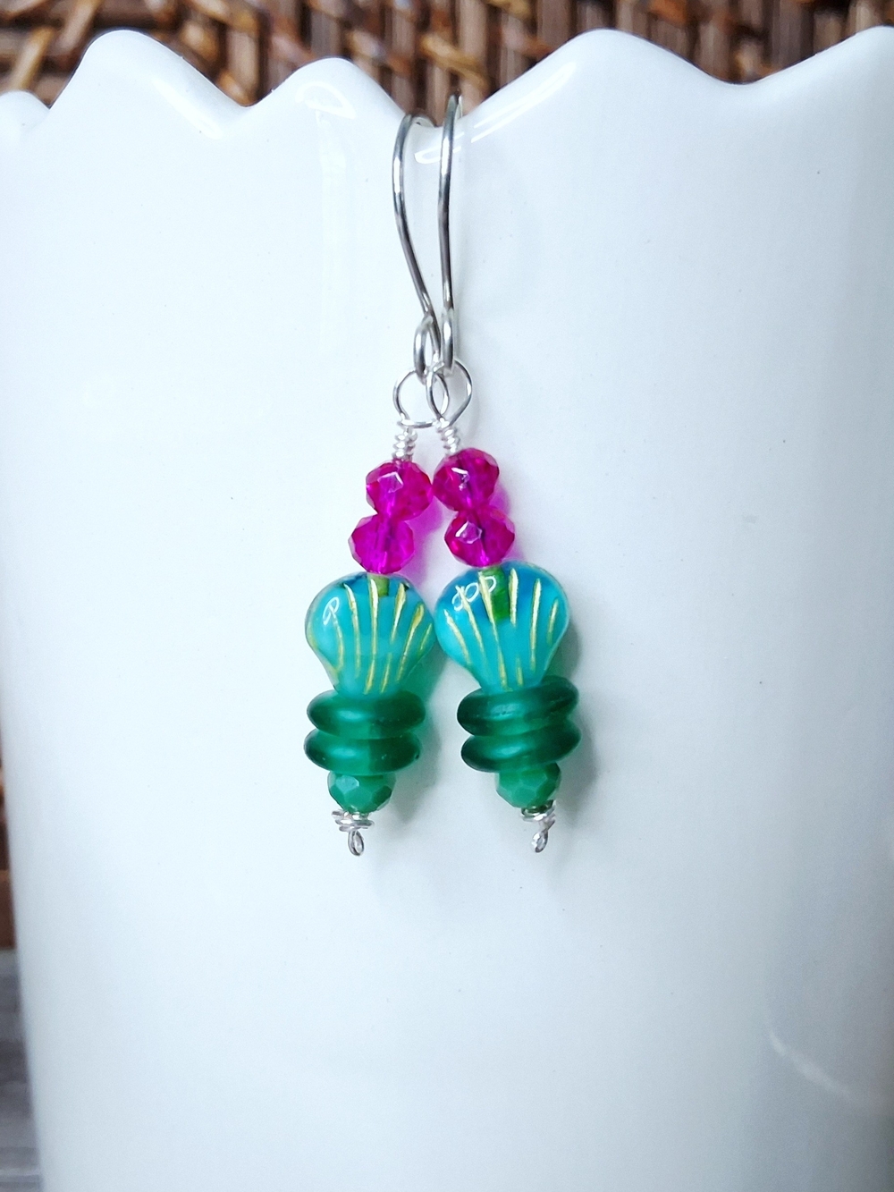 Green and Pink Shell Czech Glass Bead Drop Earrings